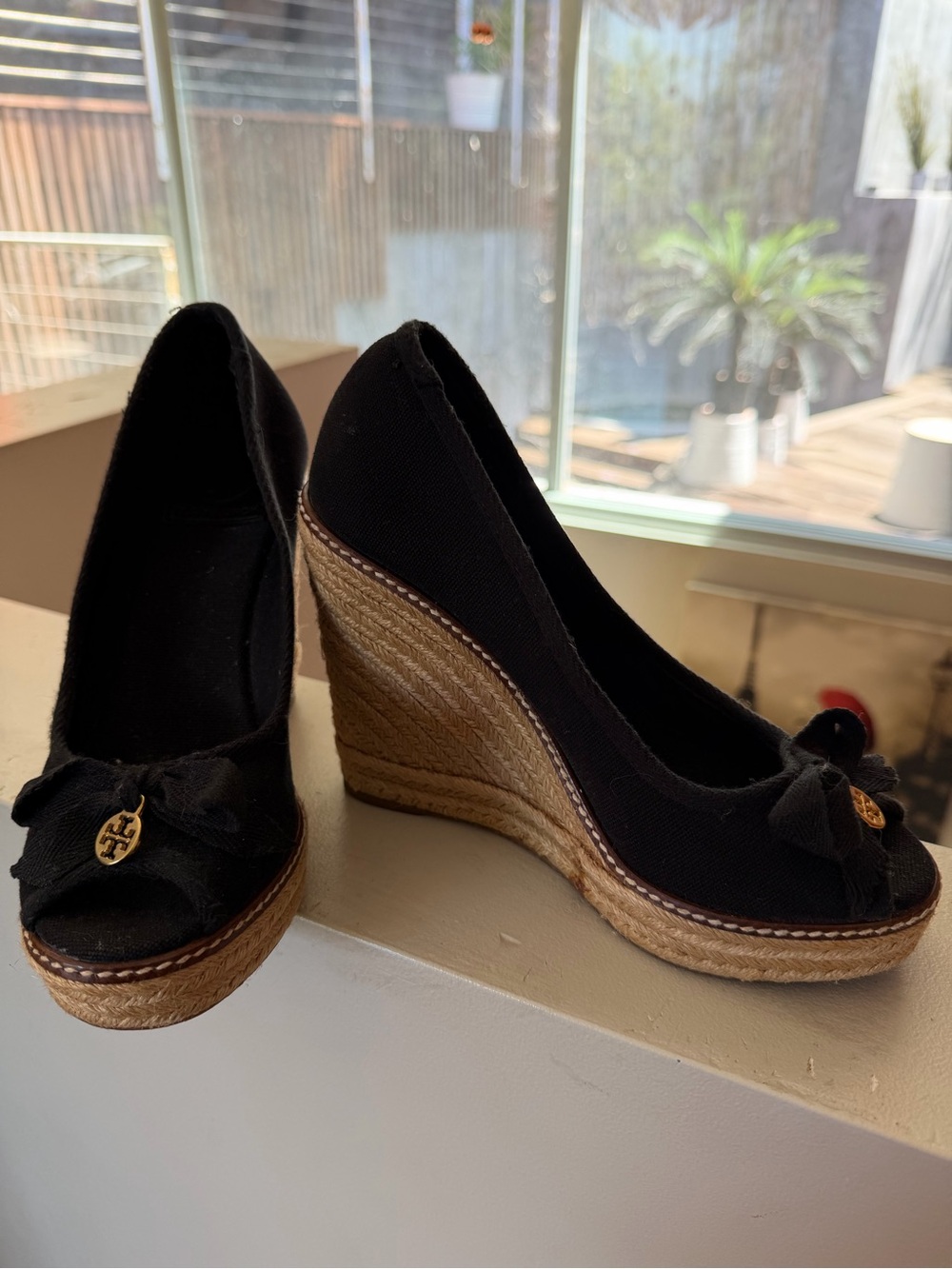 Tory Burch Black Canvas Espadrille Wedges with Gold Logo Charm - Picture 4 of 7